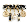 Trendy Black/White Fabric Multi Charm Brooch in Gold Tone - 65mm Across