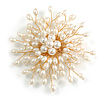 Statement Asymmetrical Layered White Faux Pearl Floral Brooch In Gold Tone/80mm Across/Handmade