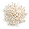 Statement Layered White Faux Pearl and Transparent Acrylic Bead Floral Brooch In Gold Tone/75mm Across/Handmade