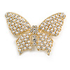 Large Faux Pearl Bead Clear Crystal Butterfly Brooch in Gold Tone - 70mm Across