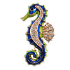 Bright Green/ Blue Enamel Crystal Seahorse Brooch/ Pendant in Gold Tone Metal - 55mm Tall