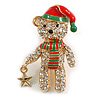 Christmas Crystal Enamel Teddy Bear Brooch in Gold Tone Metal - 40mm Tall