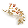 White/Brown Faux Pearl Clear Crystal Floral Brooch in Gold Tone - 60mm Tall