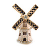 Enamel Crystal Windmill Brooch in Gold Tone - 40mm Tall