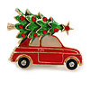 Red Enamel Car with Xmas Tree Christmas Brooch in Gold Tone - 35mm Across