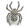 Ab/ Clear Spider Brooch in Aged Silver Tone - 50mm Tall