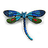 Multicoloured Enamel Dragonfly Brooch in Black Tone - 70mm Across