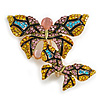 Statement Multicoloured Crystal Double Butterfly Brooch in Gold Tone - 45mm Across