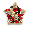 Red/Green/Clear Crystal Christmas Star and Crescent Brooch In Gold Tone - 35mm Across