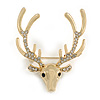 Clear Crystal Stags Head/ Christmas Deer Brooch in Gold Tone - 45mm Tall
