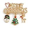 Holiday Enamel Crystas Charm Merry Christmas Xmas Festive Brooch Pin In Gold Tone - 50mm Across