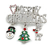 Holiday Enamel Crystas Charm Merry Christmas Xmas Festive Brooch Pin In Silver Tone - 50mm Across