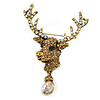 Statement Ab/Topaz Coloured Austrian Crystal Stags Head Brooch/ Pendant In Aged Gold Tone - 70mm Length