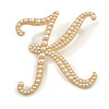 'K' Large Gold Plated White Faux Pearl Letter K Alphabet Initial Brooch Personalised Jewellery Gift - 55mm Tall