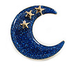 Blue Enamel Glittering Moon and Stars Brooch in Gold Tone - 30mm Tall