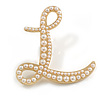 'L' Large Gold Plated White Faux Pearl Letter L Alphabet Initial Brooch Personalised Jewellery Gift - 55mm Tall