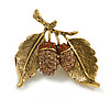 Vintage Inspired Crystal Acorn Brooch in Aged Gold Tone - 40mm Across