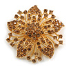 Statement Caramel Brown Crystal Flower Brooch in Gold Tone - 55mm Diameter