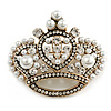 Clear Crystal Simulated Pearl 'Queenie' Crown Brooch In Aged Gold Tone Metal - 50mm Across