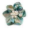 50mm/Turquoise Blue Shell with Freshwater Pearl Bead Asymmetric Flower Brooch/Handmade/Slight Variation In Colour/Size/Shape/Natural Irregularitie