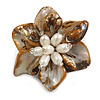 50mm/Brown Shell with Freshwater Pearl Bead Asymmetric Flower Brooch/Handmade/Slight Variation In Colour/Size/Shape/Natural Irregularities