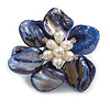 50mm/Blue Shell with Freshwater Pearl Bead Asymmetric Flower Brooch/Handmade/Slight Variation In Colour/Size/Shape/Natural Irregularities