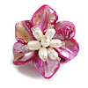 50mm/Fuchsia Shell with Freshwater Pearl Bead Asymmetric Flower Brooch/Handmade/Slight Variation In Colour/Size/Shape/Natural Irregularities