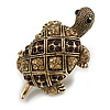Vintage Inspired Amber/Citrine Crystal Turtle Brooch in Aged Gold Tone - 50mm Long
