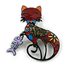 Multicoloured Enamel Cat and Dangling Fish Skeleton Brooch in Black Tone Metal - 45mm Tall