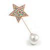 AB Crystal Star, Pearl Bead Lapel, Hat, Suit, Tuxedo, Collar, Scarf, Coat Stick Brooch Pin In Rose Gold Tone Metal - 70mm L