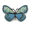 Blue/Cream Enamel Butterfly Brooch in Black Tone - 65mm Across