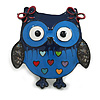 Large Blue Enamel Owl Brooch/Pendant in Black Tone - 55mm Tall