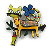 Yellow/Blue Enamel Cat and Fish Brooch in Black Tone - 50mm Across