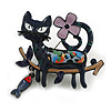 Dark Blue/Purple Enamel Cat and Fish Brooch in Black Tone - 50mm Across