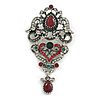 Victorian Style Crystal Flower Brooch/Pendant in Aged Silver Tone in Green/Red/Hematite/Clear - 80mm Long