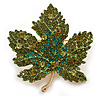 Statement Crystal Maple Leaf Brooch/Pendant in Gold Tone/Olive Green/Teal Colours - 50mm Tall