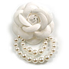 Large Snow White Layered Felt Fabric Rose Flower with White Faux Pearl Beaded Dangle Brooch/65mm Diameter/10.5cm Total Drop