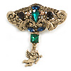 Vintage Inspired Crystal Textured Brooch with A Dangling Cupid in Aged Gold Tone - 65mm Tall