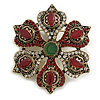 Vintage Inspired Turkish Style Crystal Flower Brooch/Pendant in Aged Gold Tone in Green/Red/Clear- 55mm Diameter