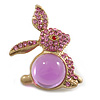 Large Pink/ Purple Crystal Bunny Brooch in Matte Gold Tone Metal - 75mm Tall