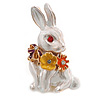 White Enamel with Multicoloured Flowers Bunny/ Hare/ Rabbit Brooch/ Pendant in Gold Tone - 35mm Tall