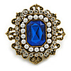 Victorian Style Layered Square Blue/Clear Crystal Pearl Brooch in Aged Gold Tone - 45mm