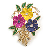 Multicoloured Enamel Pearl Bead Floral Brooch in Gold Tone - 50mm Tall