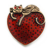 Red Enamel Heart with Cat Brooch in Aged Gold Tone Metal - 38mm Tall