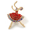 Red Crystal Ballerina Brooch in Gold Plating - 45mm Tall