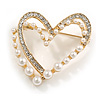 Delicate Pearl Crystal Open Double Heart Brooch in Gold Tone - 35mm Tall