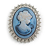 Vintage Inspired Clear Crystal Blue Cameo Brooch In Silver Tone - 50mm L