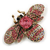 Statement Pink/AB Crystal Bee Brooch In Aged Gold Tone - 55mm Across