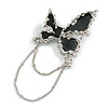 Assymetric Butterfly with Chains Brooch in Silver Tone - 40mm Across/ 10cm Total Drop
