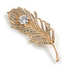 Clear Crystal with Round CZ Stone Peacock Feather Brooch In Gold Tone Metal - 70mm Long